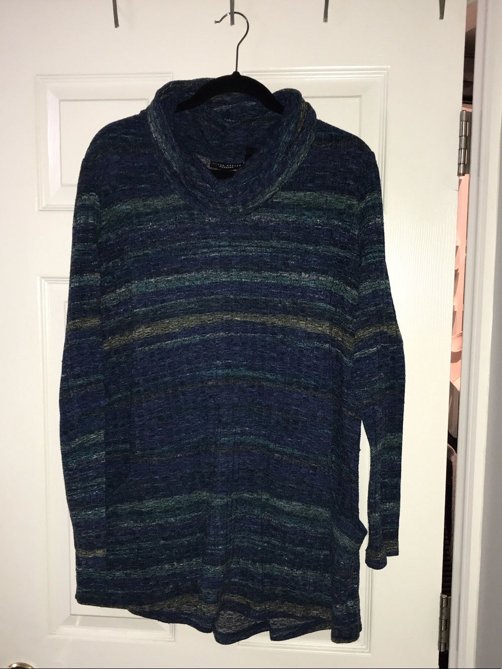 Susan Graver Navy and Teal Striped Cowl Neck Sweater